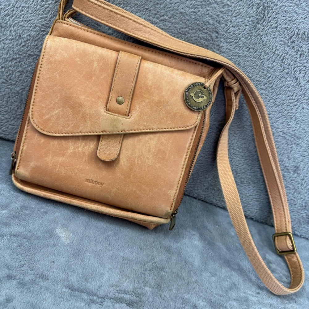Minooy Leather Crossbody‎ Bag Womens Tan Good Distressed Vintage Multi-Pocket